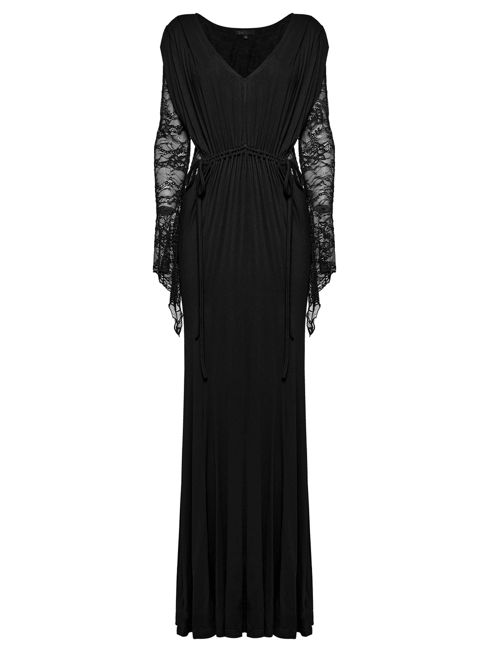 Elegant Gothic lace sleeved maxi dress for women with a deep V-neck and waist pleats, perfect for formal occasions.