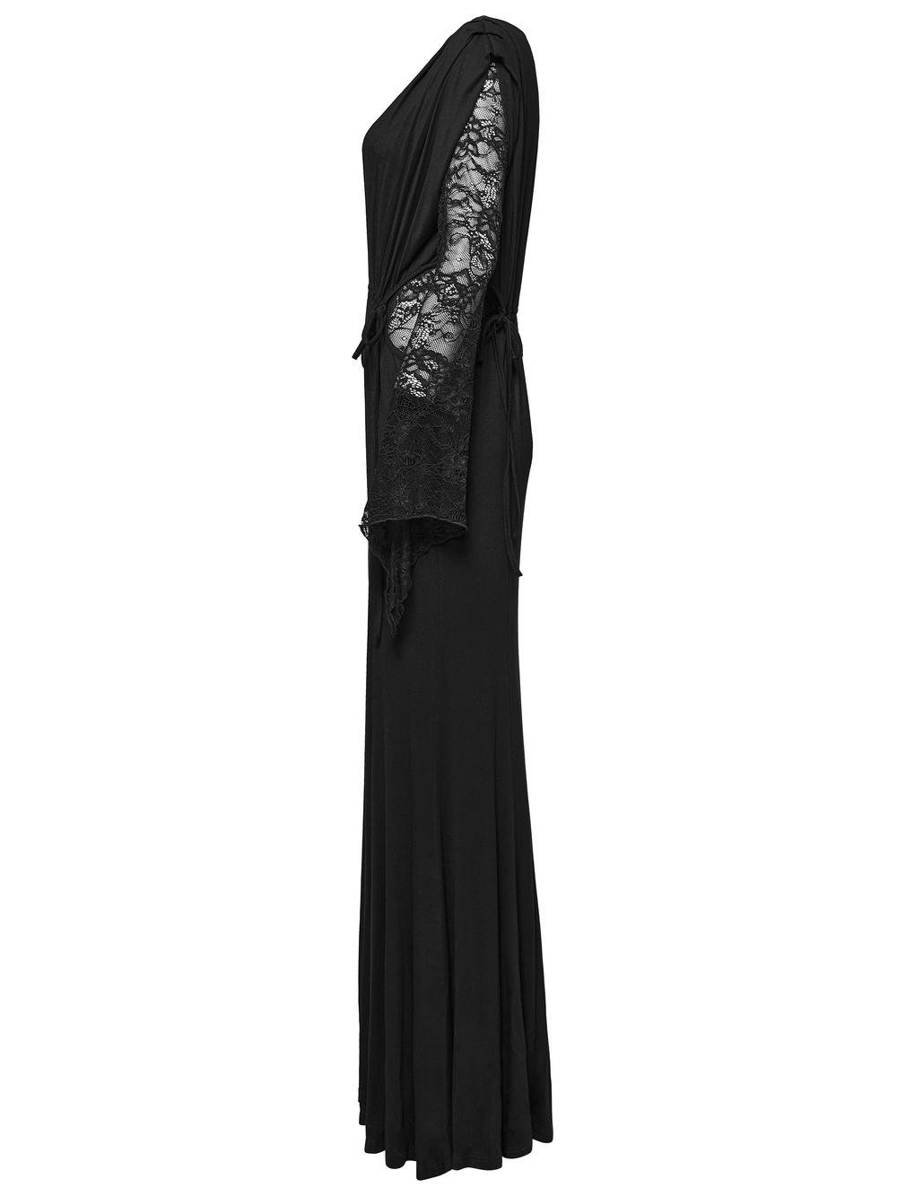 Elegant Gothic lace sleeved maxi dress showcasing slim fit and deep V-neck design, perfect for formal occasions.