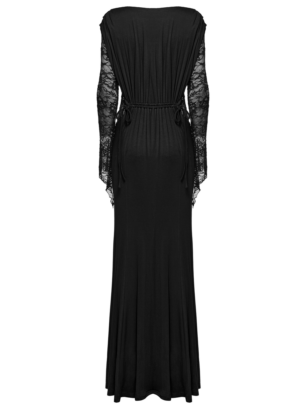 Elegant Gothic lace sleeved maxi dress for women, showcasing a chic back design and pleated waist for adjustable fit.