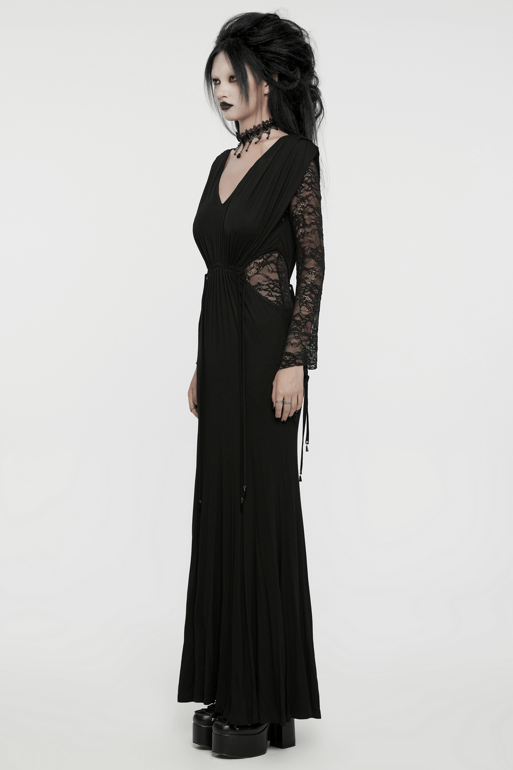 Elegant Gothic lace sleeved maxi dress for women with a deep V-neck, perfect for formal occasions.