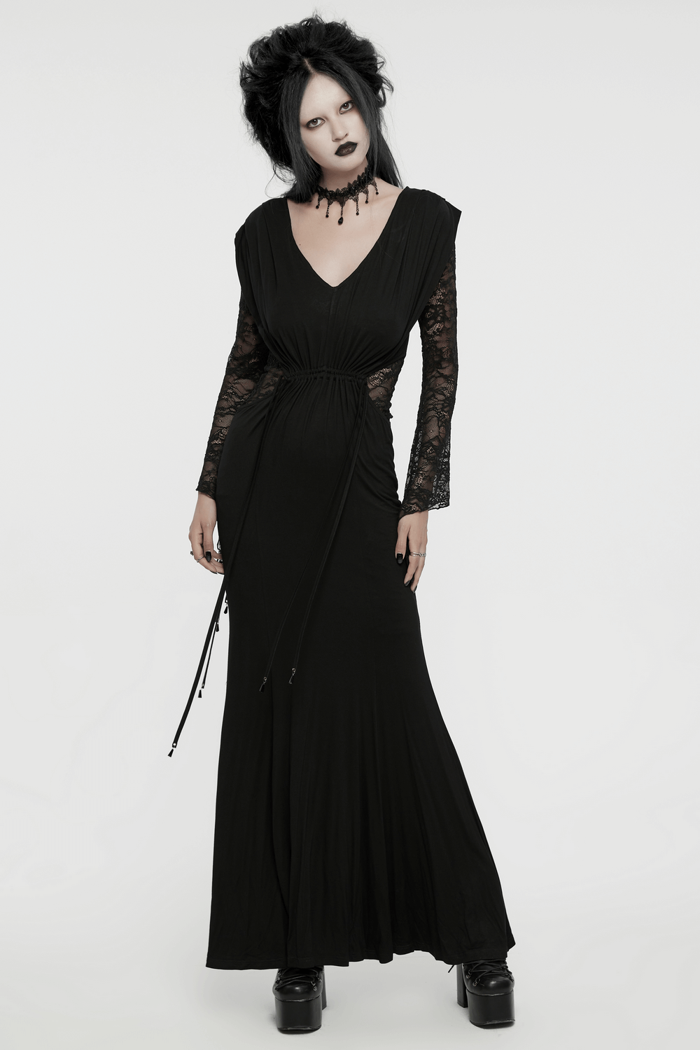 Elegant Gothic Lace Sleeved Maxi Dress for Women with deep V-neck and waist pleats, perfect for formal occasions