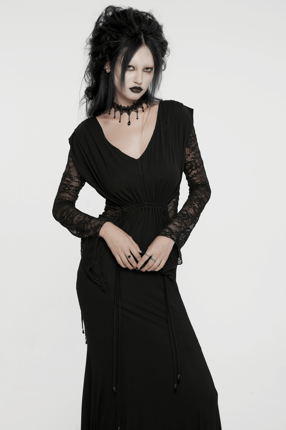 Elegant Gothic lace sleeved maxi dress showcasing a slim silhouette and deep V-neck design.
