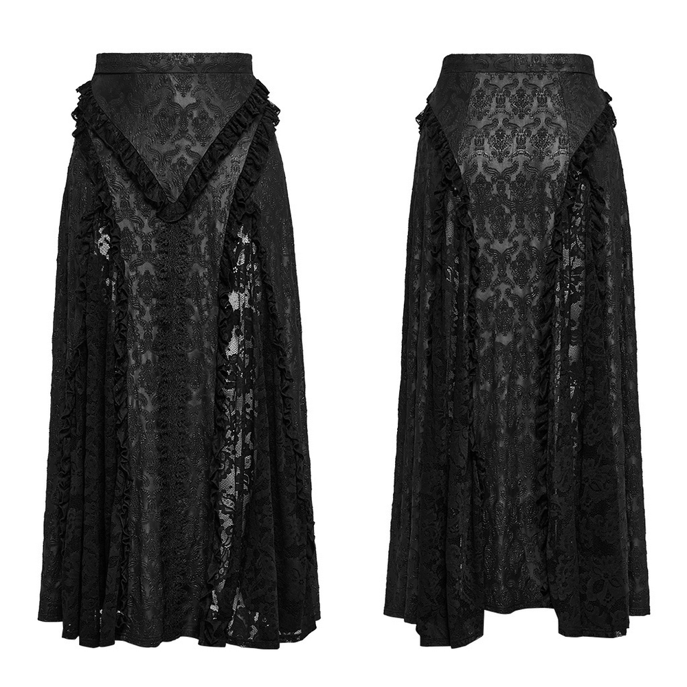 Elegant black Gothic lace skirt with unique splicing and ruffles, perfect for Victorian-inspired dark elegance.