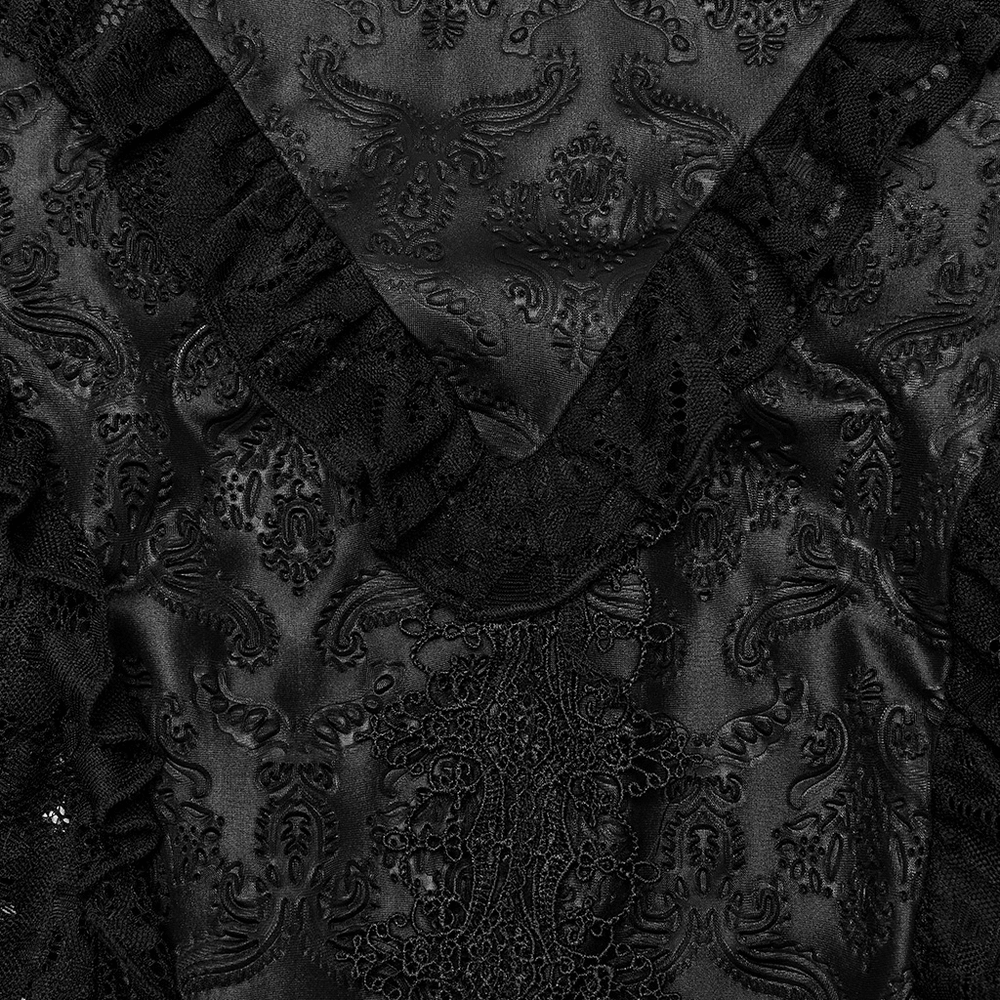 Close-up of elegant black lace and fabric detailing on a Victorian-inspired skirt, showcasing dark elegance.