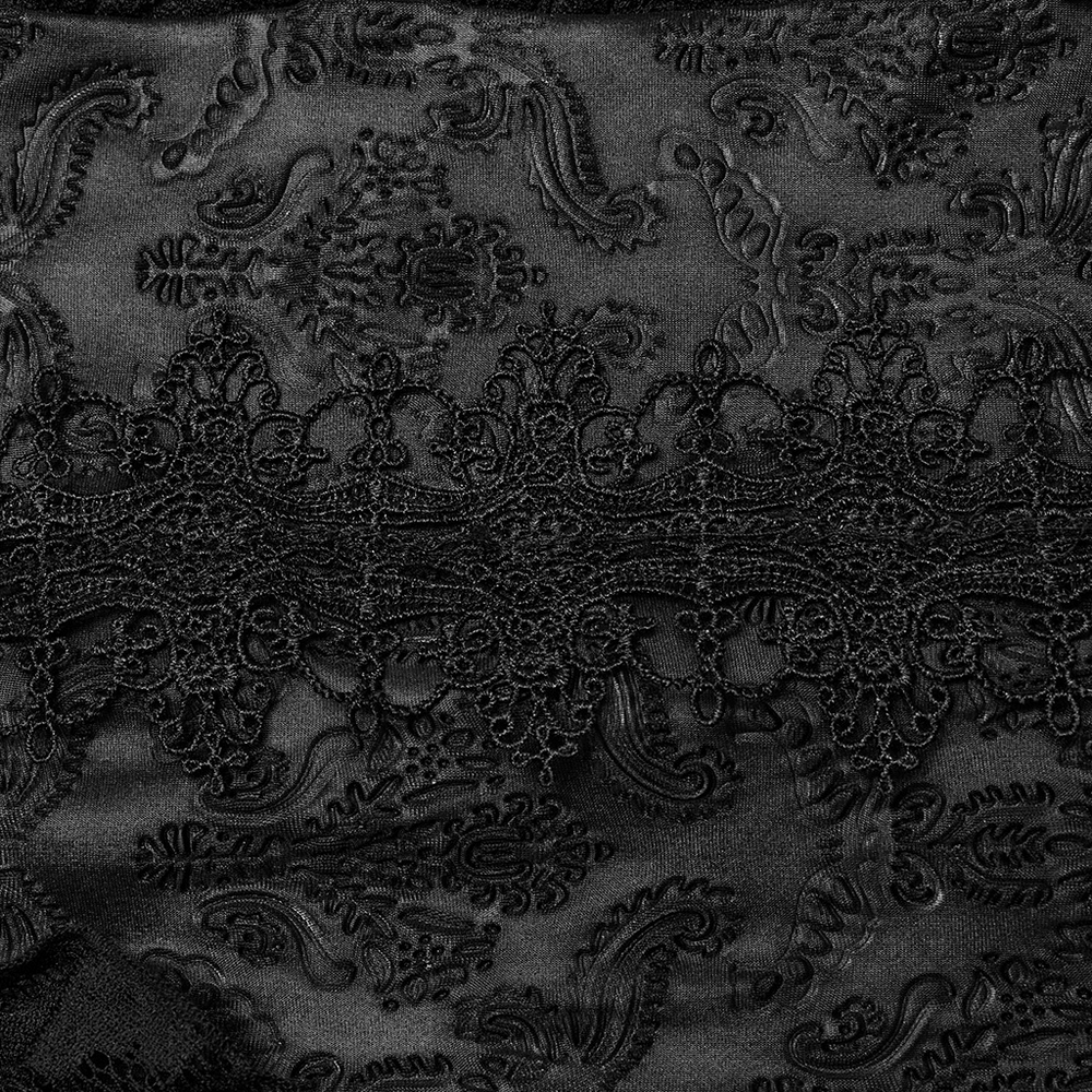 Intricate black lace fabric featuring Victorian-inspired patterns and detailed designs for a Gothic aesthetic.