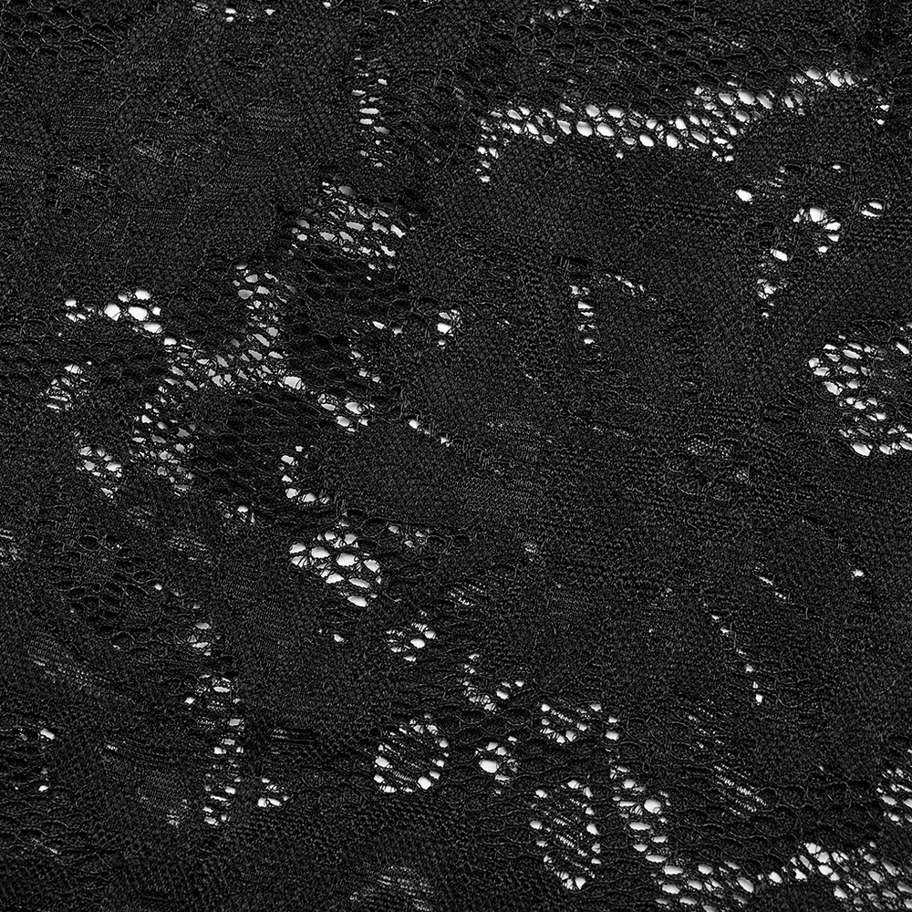 Close-up of intricate black lace fabric featuring Victorian-inspired patterns and textures.