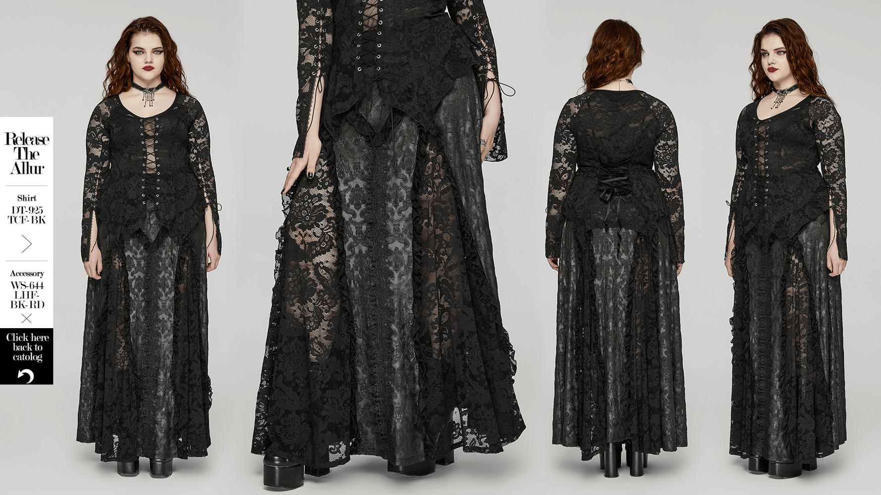 Elegant black lace long skirt featuring Gothic details and Victorian-inspired design for dark elegance.