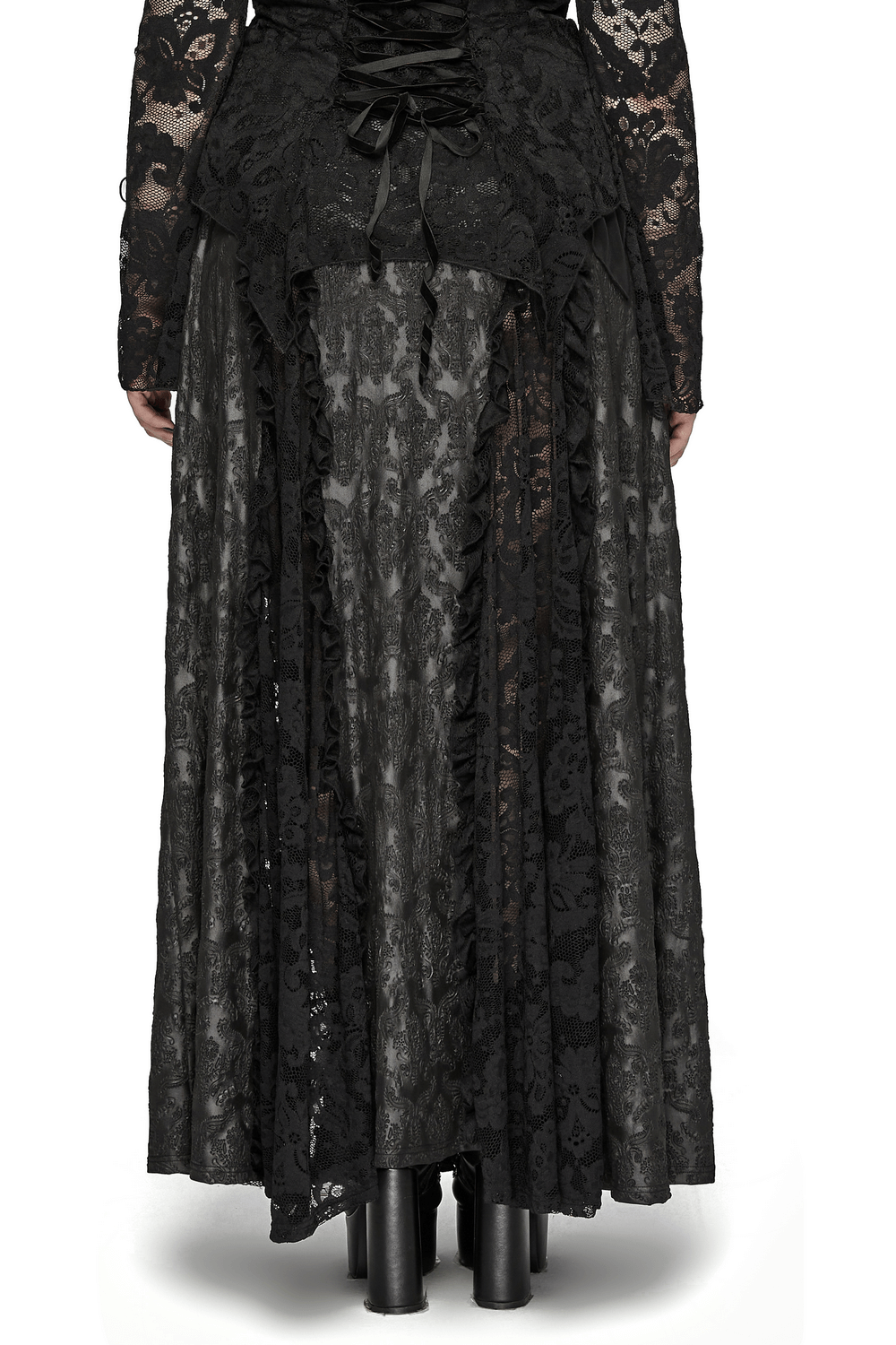 Elegant gothic lace skirt featuring unique splicing and dramatic back design, perfect for a Victorian-inspired look.