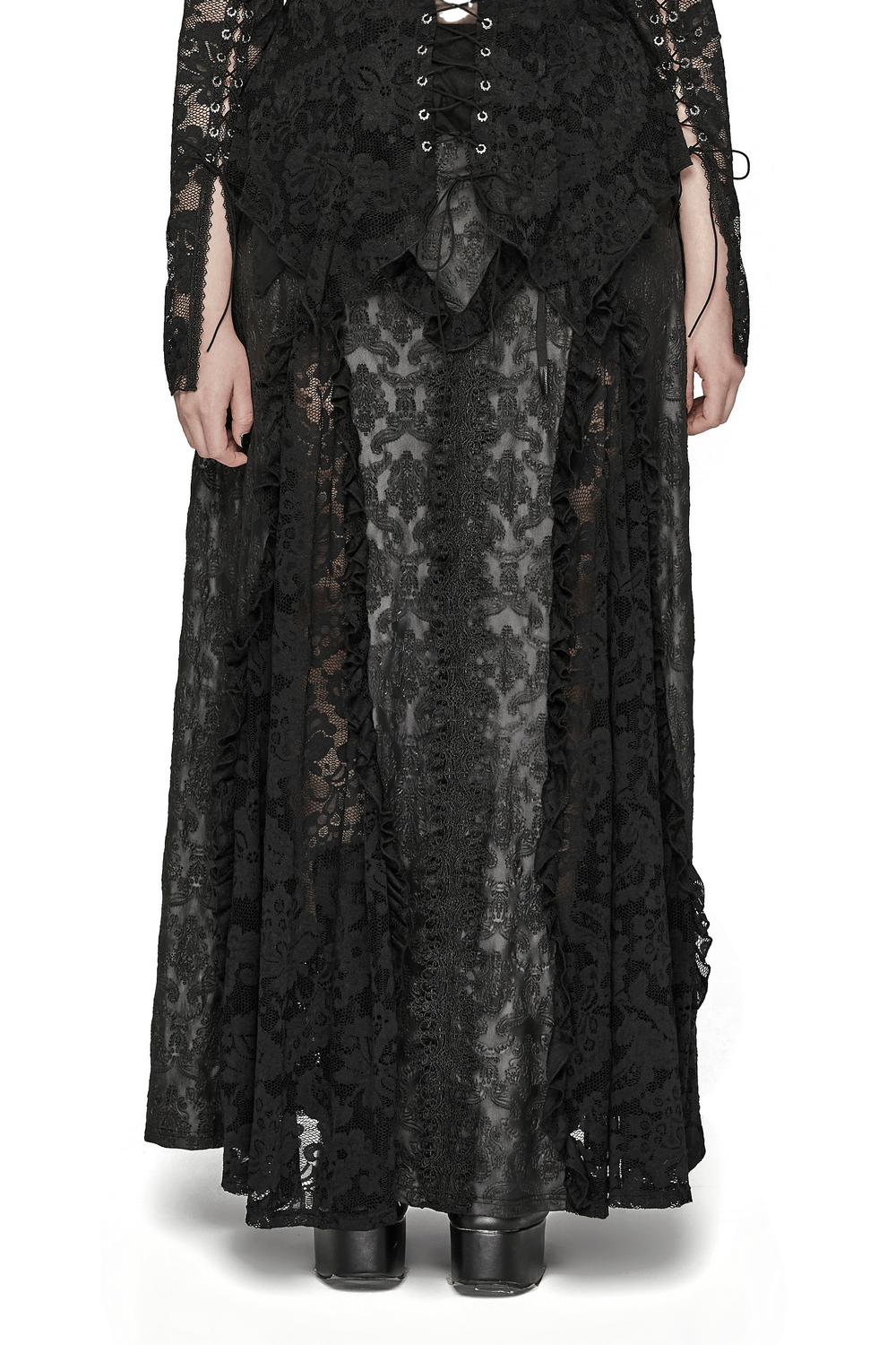 Elegant Gothic lace spliced long skirt for women, featuring intricate black lace and a flowing silhouette.