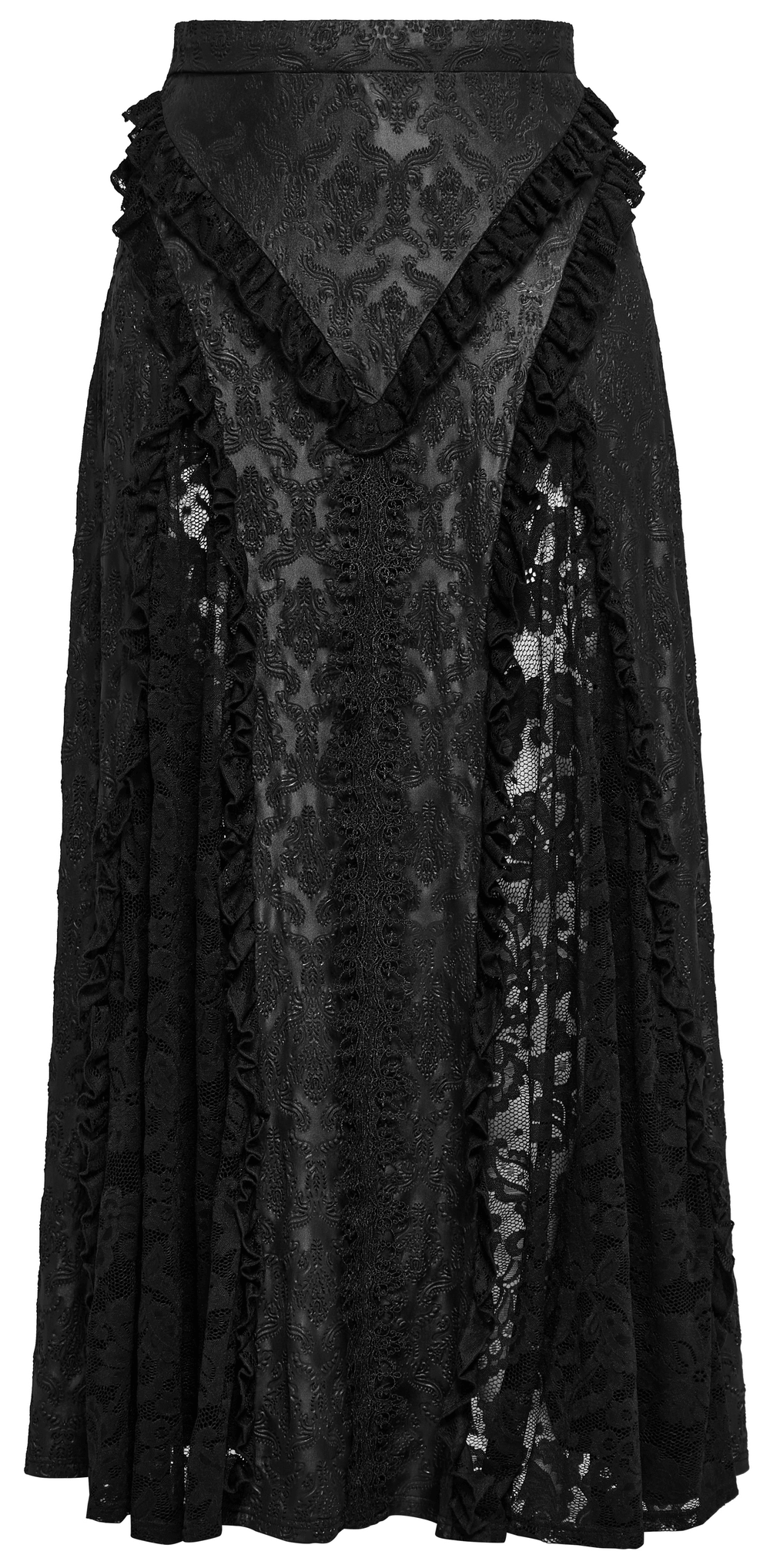 Elegant black Gothic lace skirt with intricate splicing and ruffled details for a Victorian-inspired look.