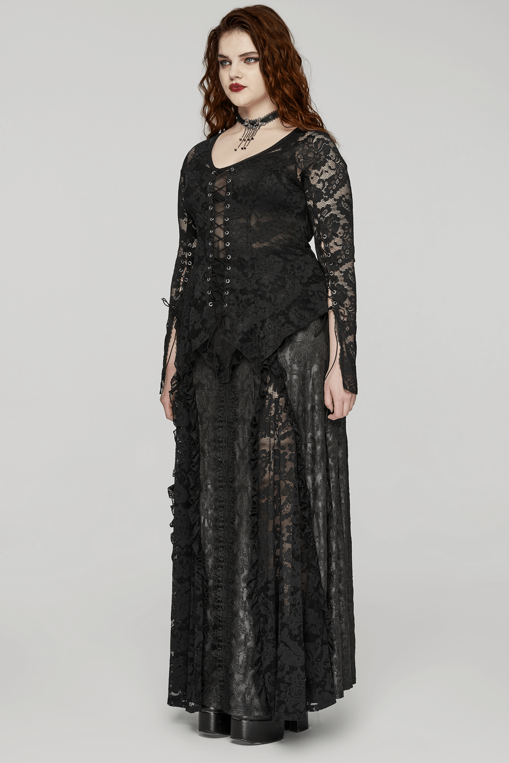 Elegant Gothic long lace skirt and top set for women, featuring Victorian-inspired details and a striking silhouette.