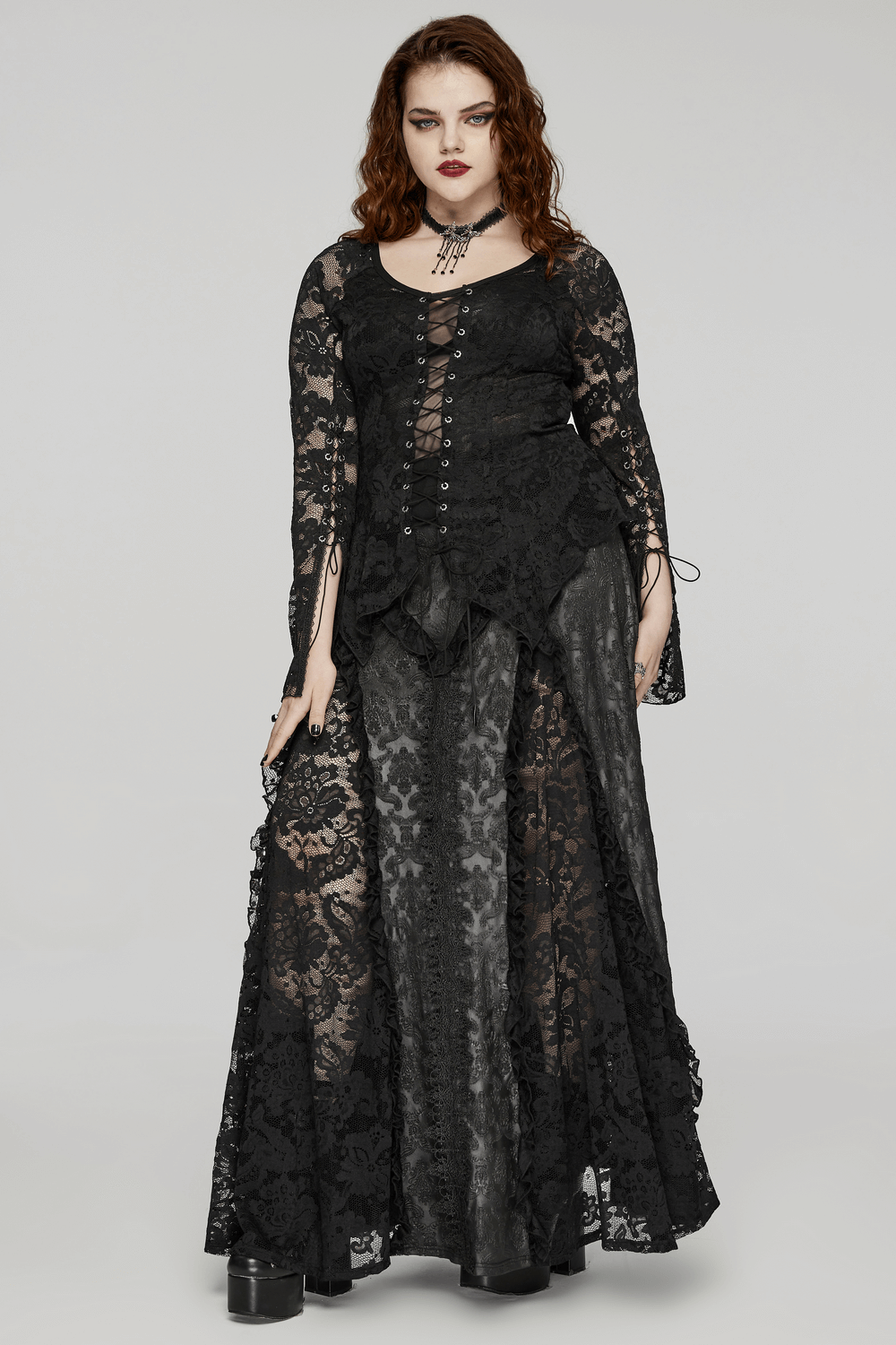Elegant Gothic lace skirt and top set for women, showcasing dark Victorian-inspired style and intricate lace details.