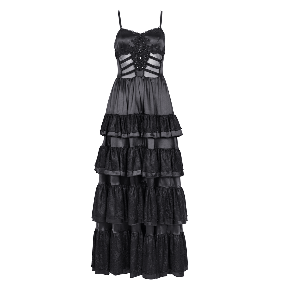 Elegant Gothic Lace Tiered Ruffle Maxi Dress with Straps