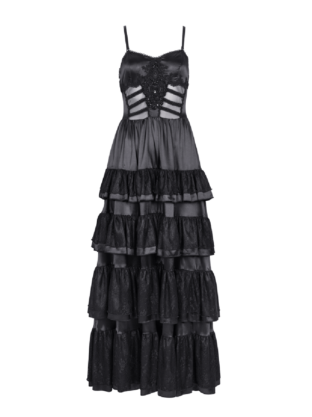Elegant Gothic lace tiered ruffle maxi dress with straps in black, showcasing intricate detailing and feminine silhouette.