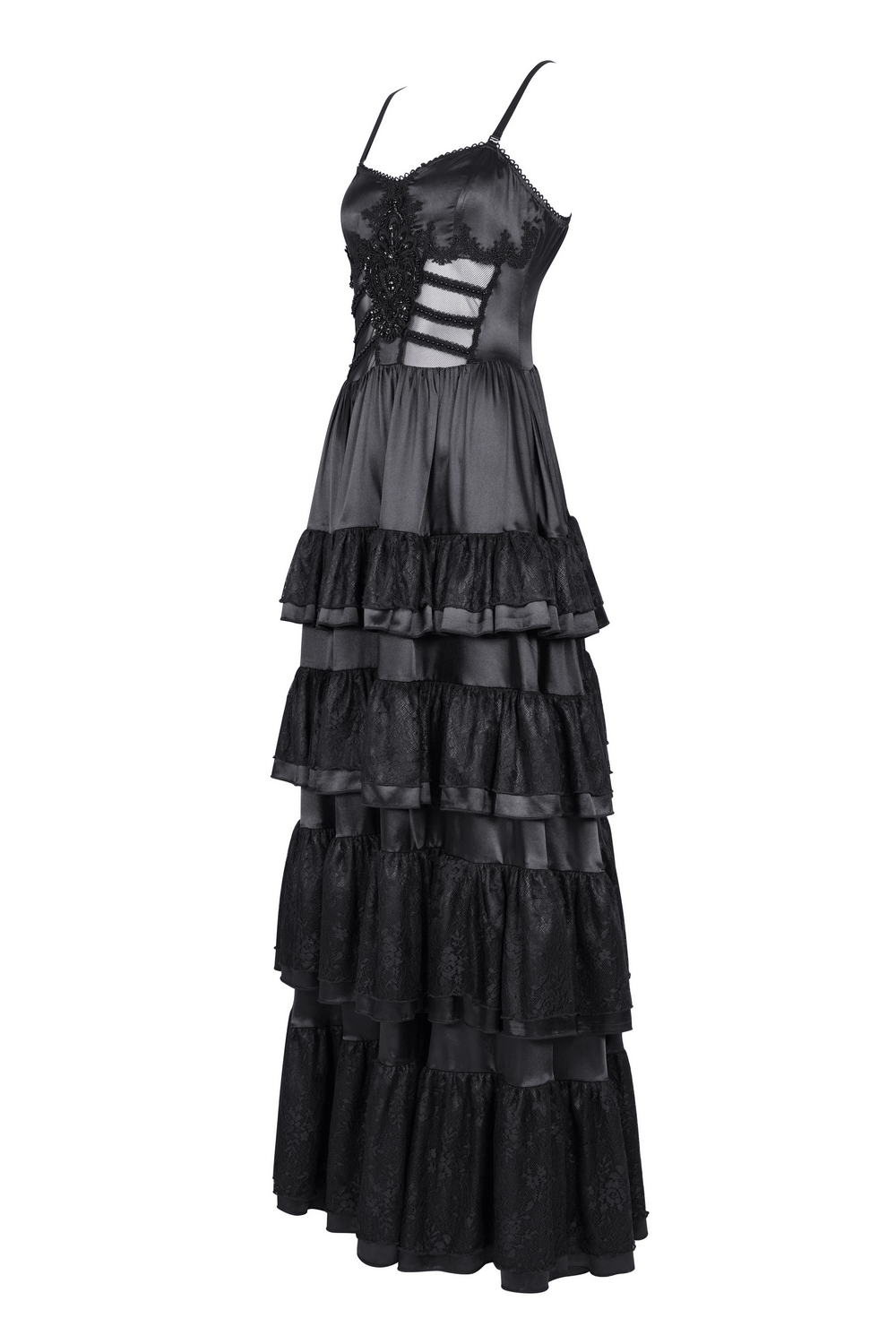 Elegant black gothic ruffle maxi dress with lace detailing and strappy top, perfect for dramatic, Victorian-inspired looks.