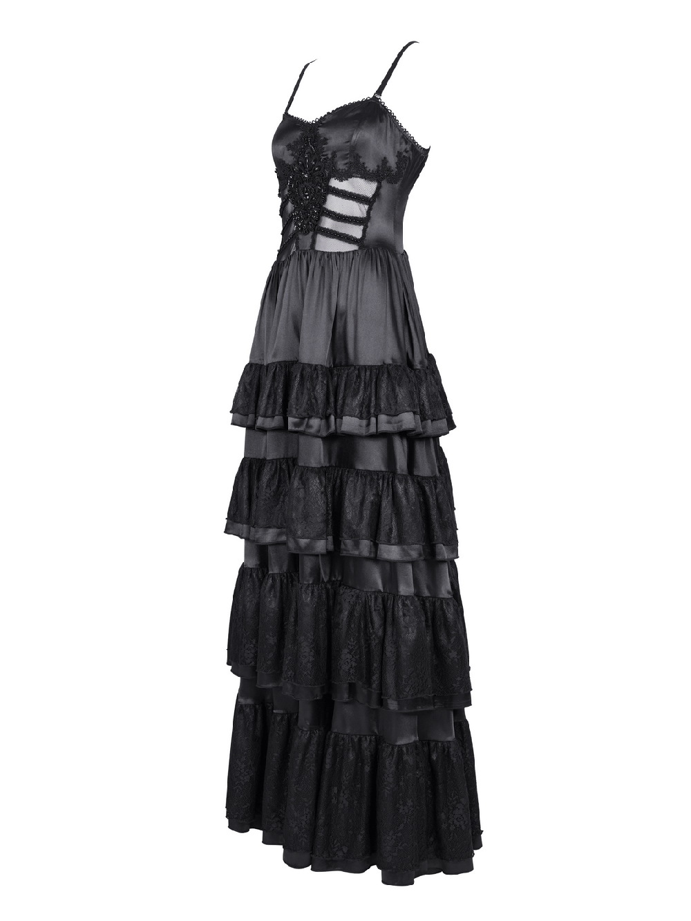 Elegant black gothic ruffle maxi dress with lace detailing and strappy top, perfect for dramatic, Victorian-inspired looks.
