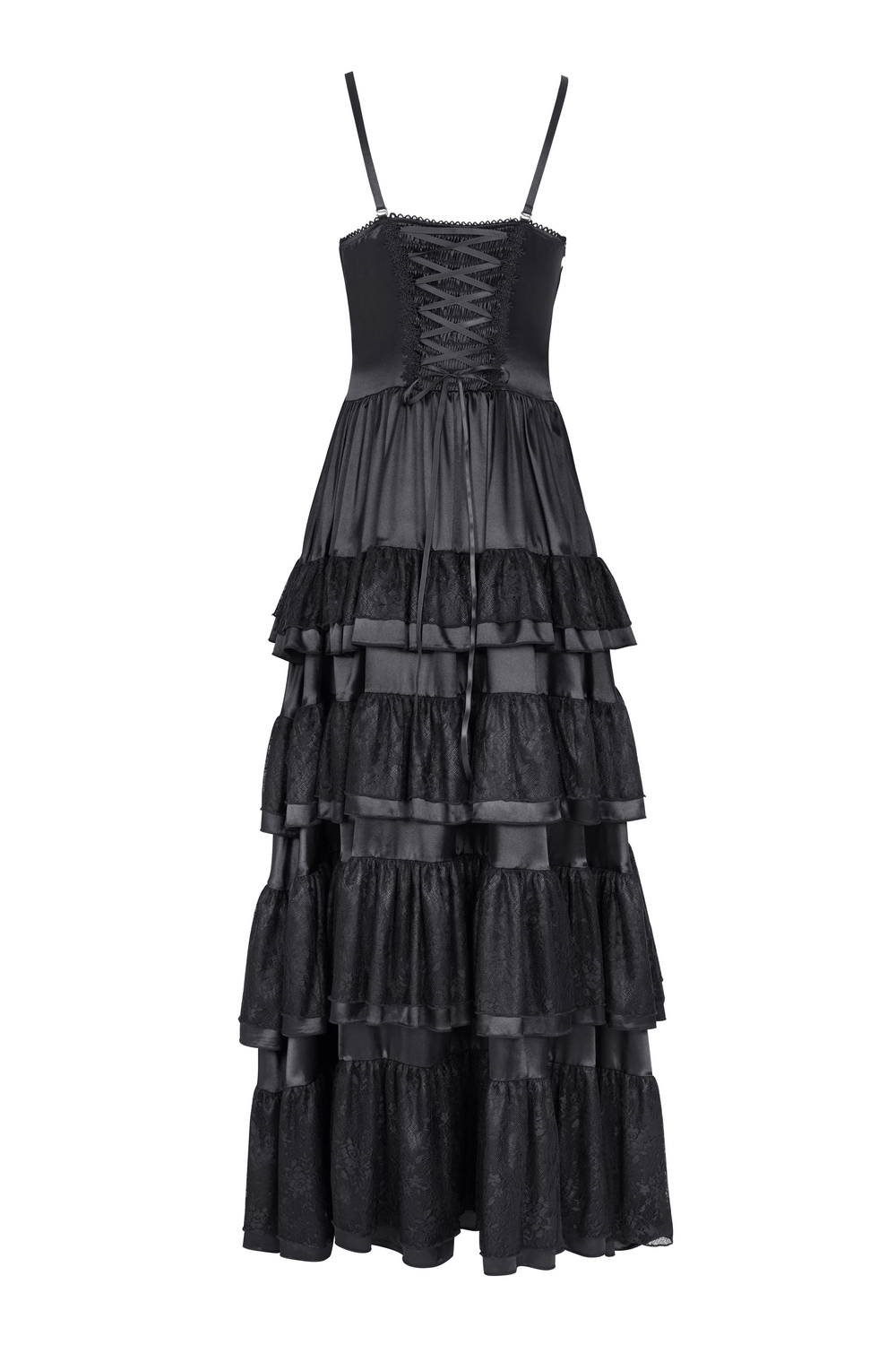 Elegant Gothic Lace Tiered Ruffle Maxi Dress with Straps