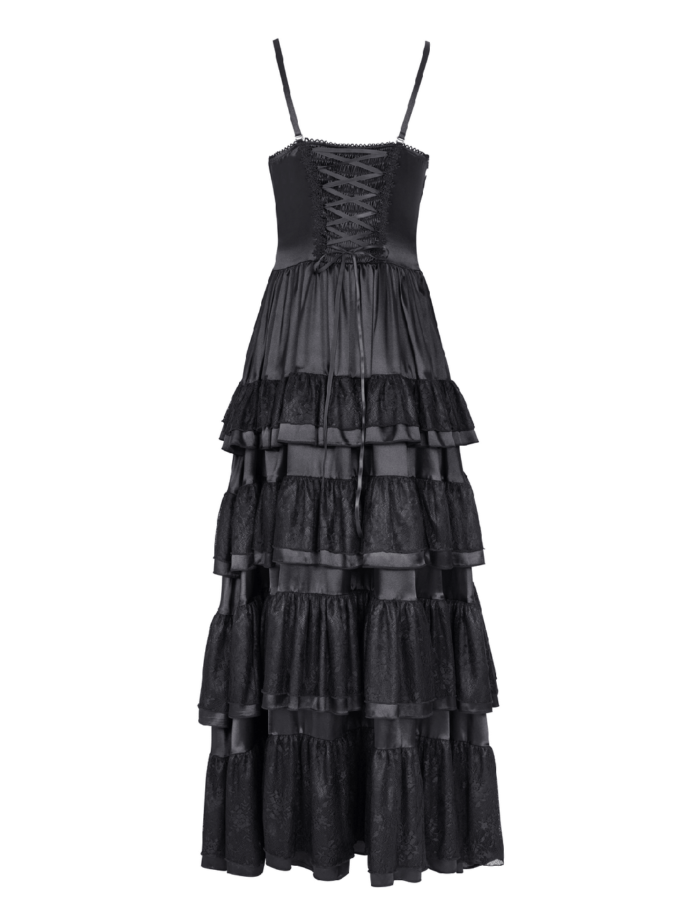 Elegant gothic black lace tiered ruffle maxi dress with straps and lace-up back for women.