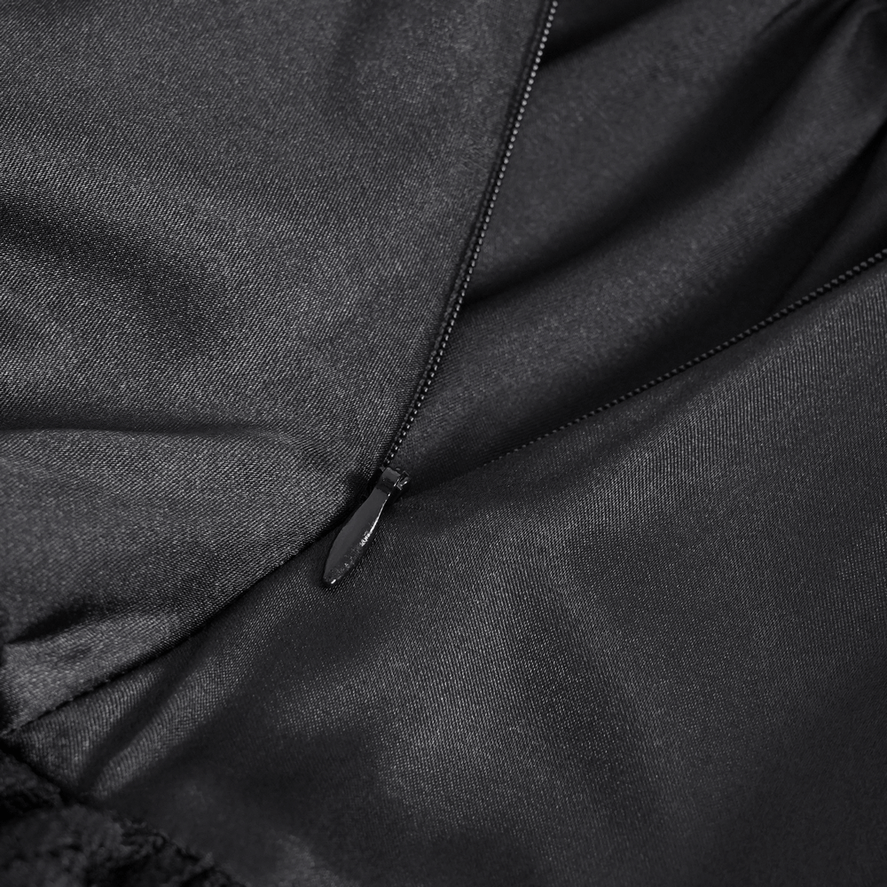 Close-up of the smooth fabric and zipper detail on the Elegant Gothic Lace Tiered Ruffle Maxi Dress.