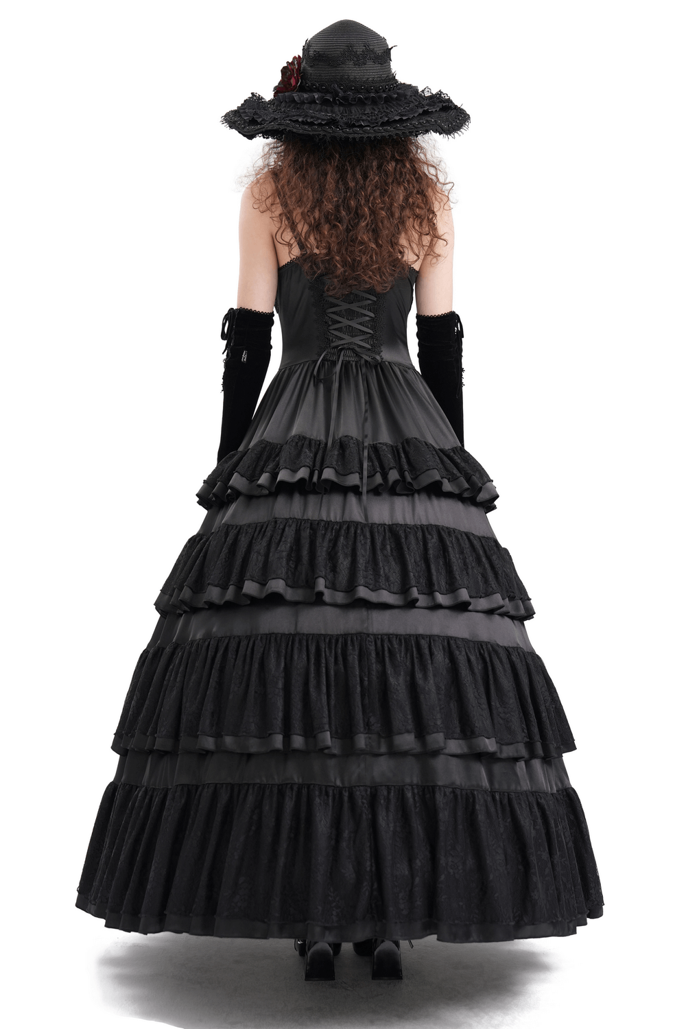 Elegant Gothic Lace Tiered Ruffle Maxi Dress with Straps