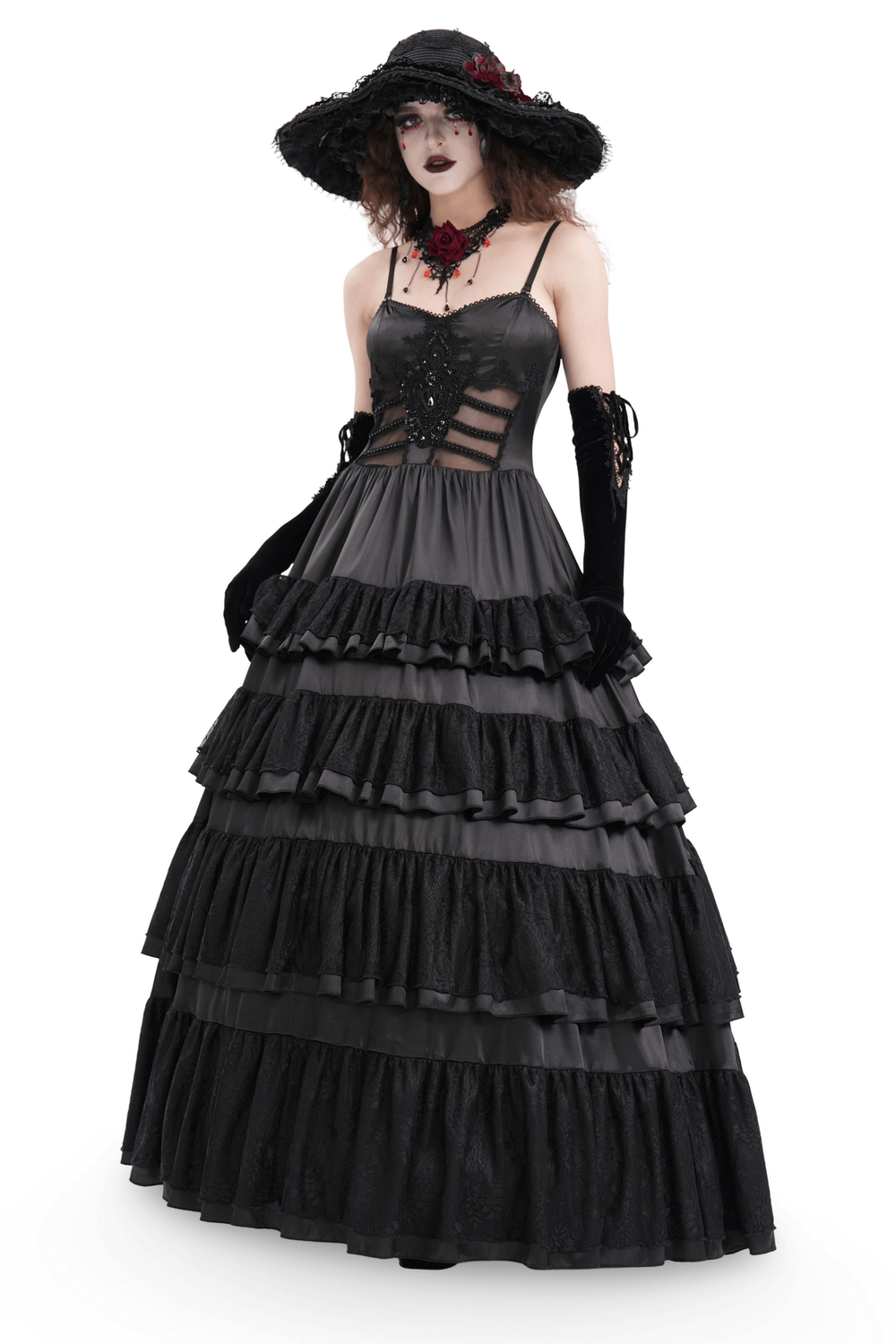 Elegant Gothic Lace Tiered Ruffle Maxi Dress with Straps