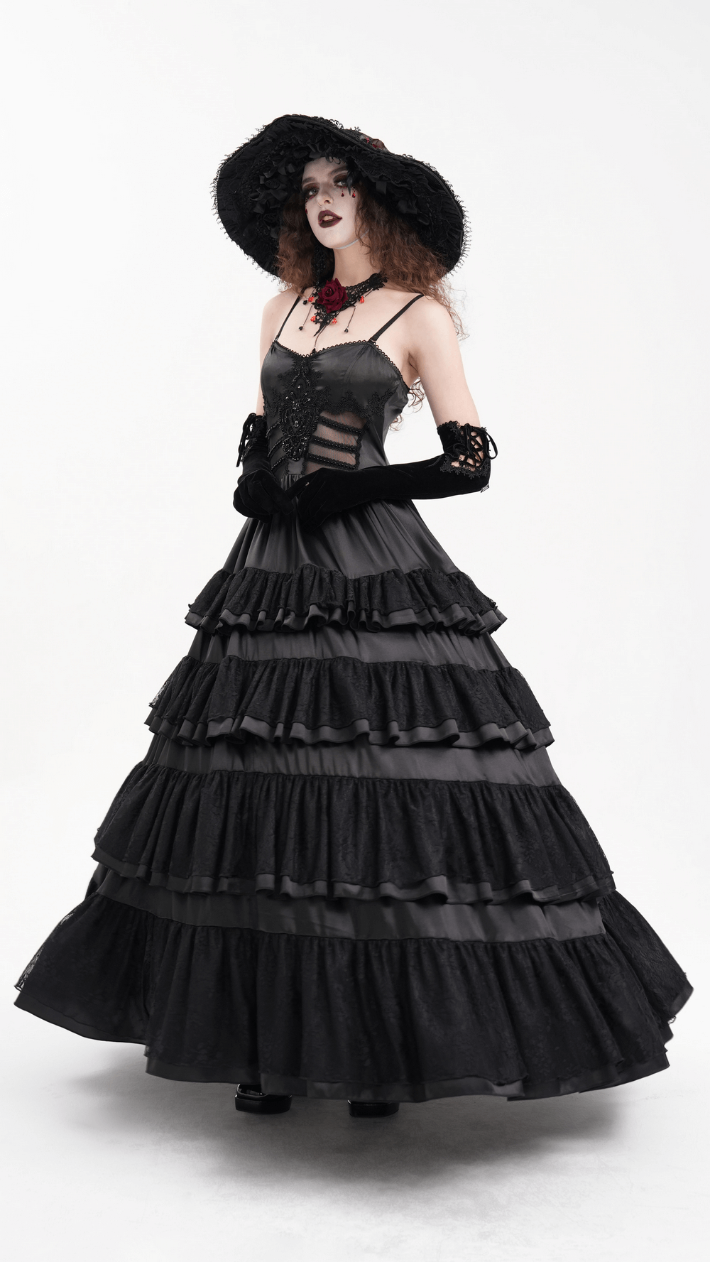 Elegant Gothic Lace Tiered Ruffle Maxi Dress with Straps