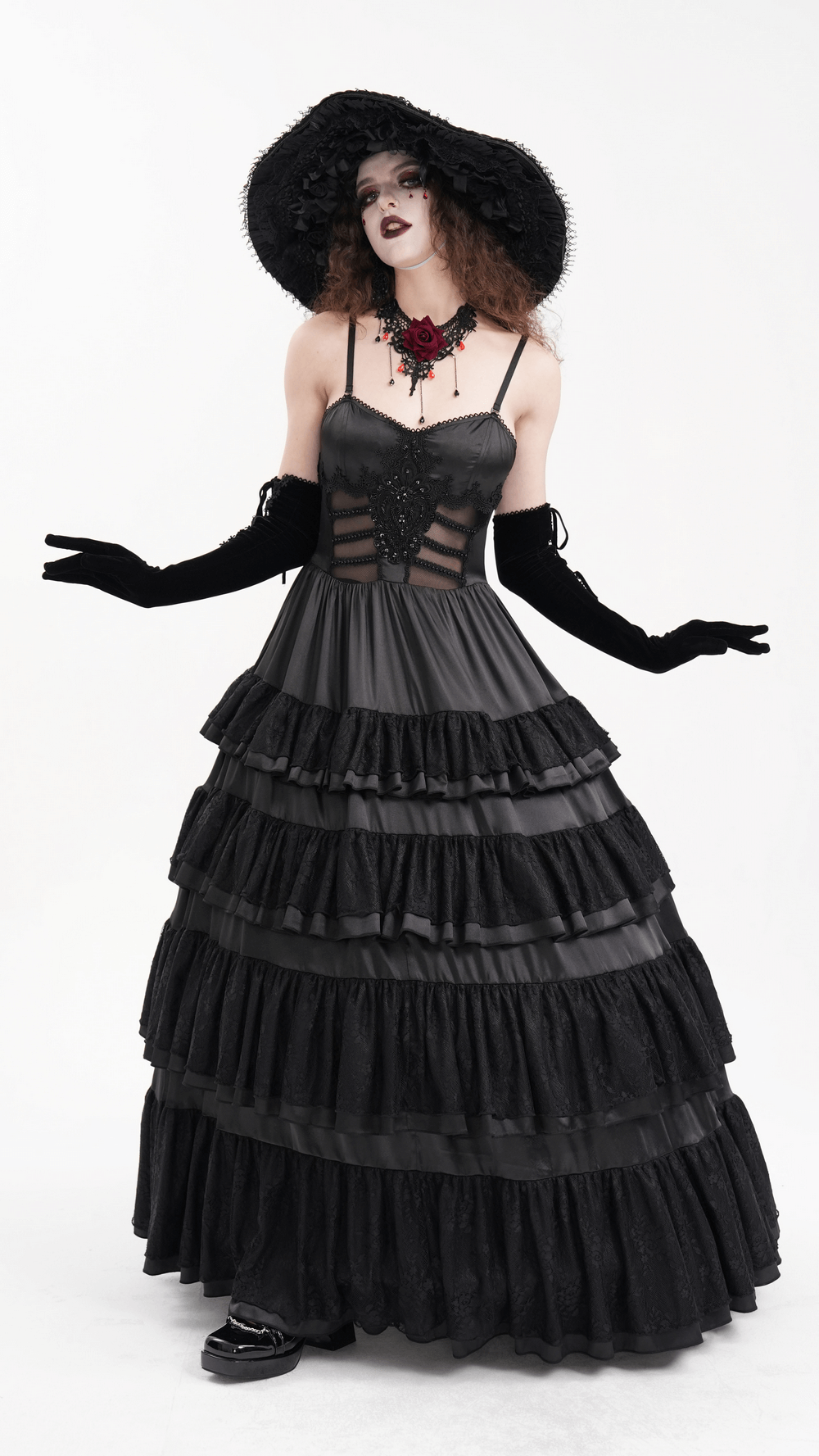 Elegant Gothic Lace Tiered Ruffle Maxi Dress with Straps