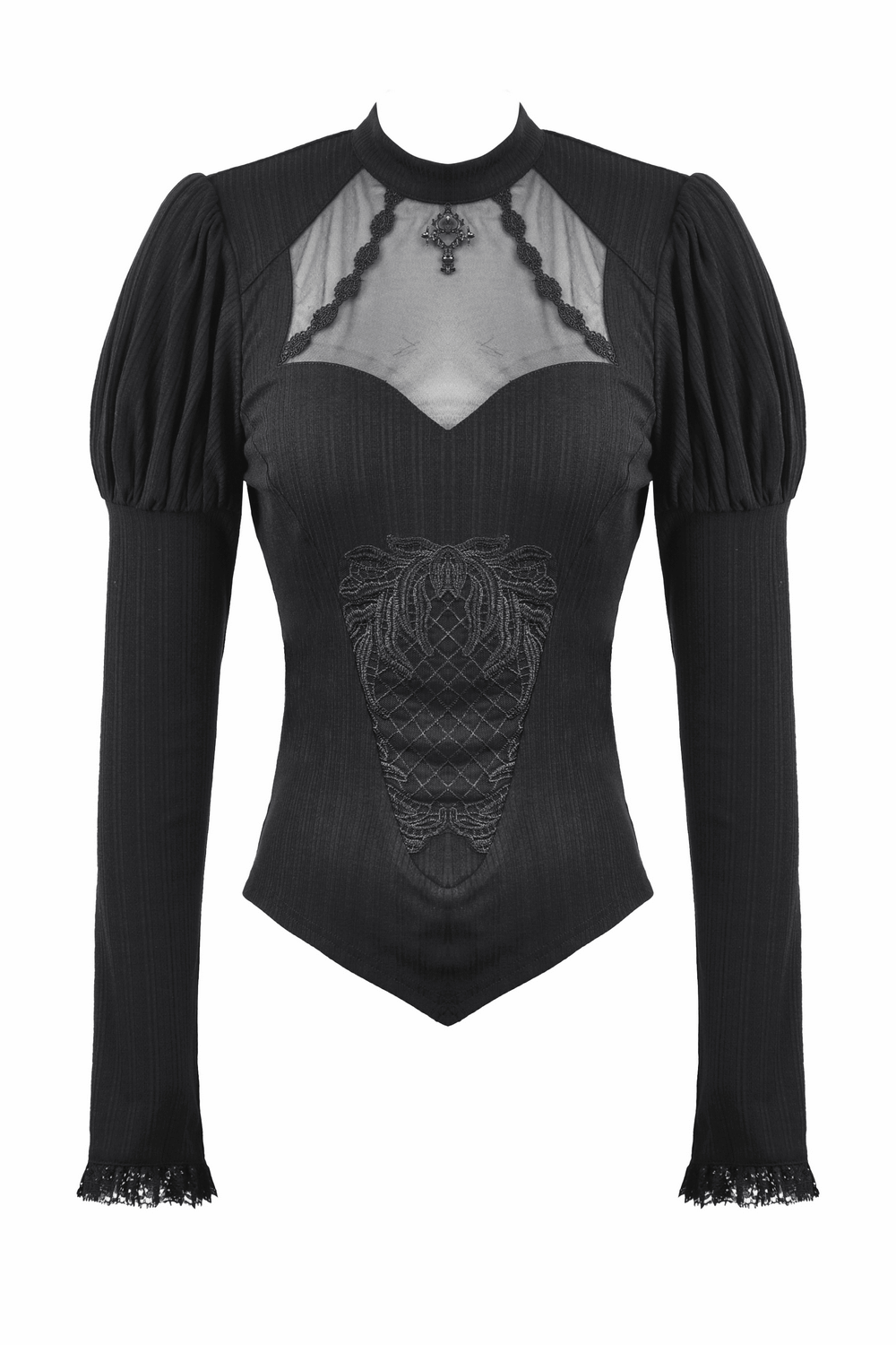 Elegant Gothic lace top with Victorian-inspired design and puffed long sleeves, perfect for dark elegance and special occasions.