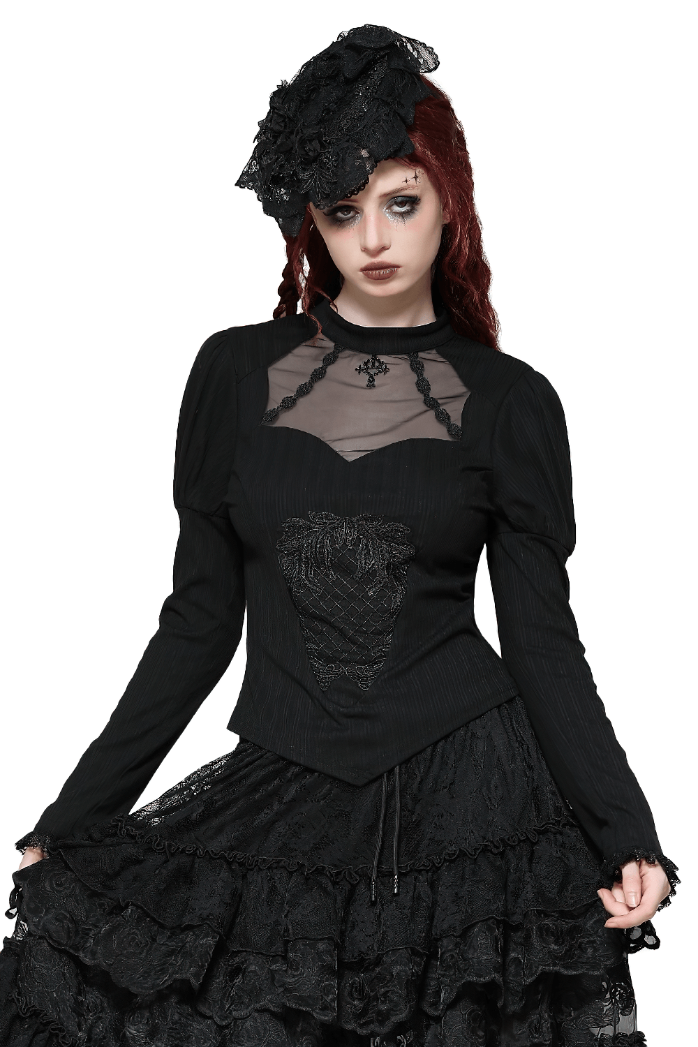 Elegant Gothic lace top with Victorian-inspired design, featuring long sleeves and intricate lace details.