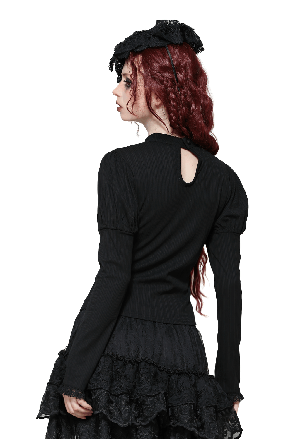 Elegant Gothic lace top with Victorian design, showcasing puffed sleeves and intricate details from behind.