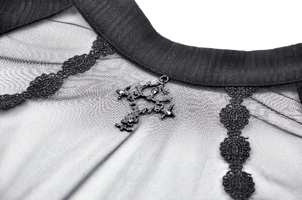 Close-up of elegant gothic lace top neckline with intricate lace and Victorian-style charm detail.