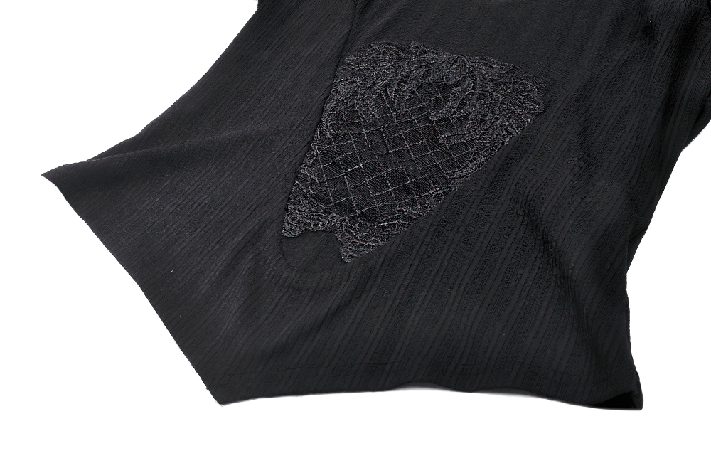 Elegant black lace top featuring intricate Victorian-inspired embroidery and a textured fabric design. Perfect for gothic styling.