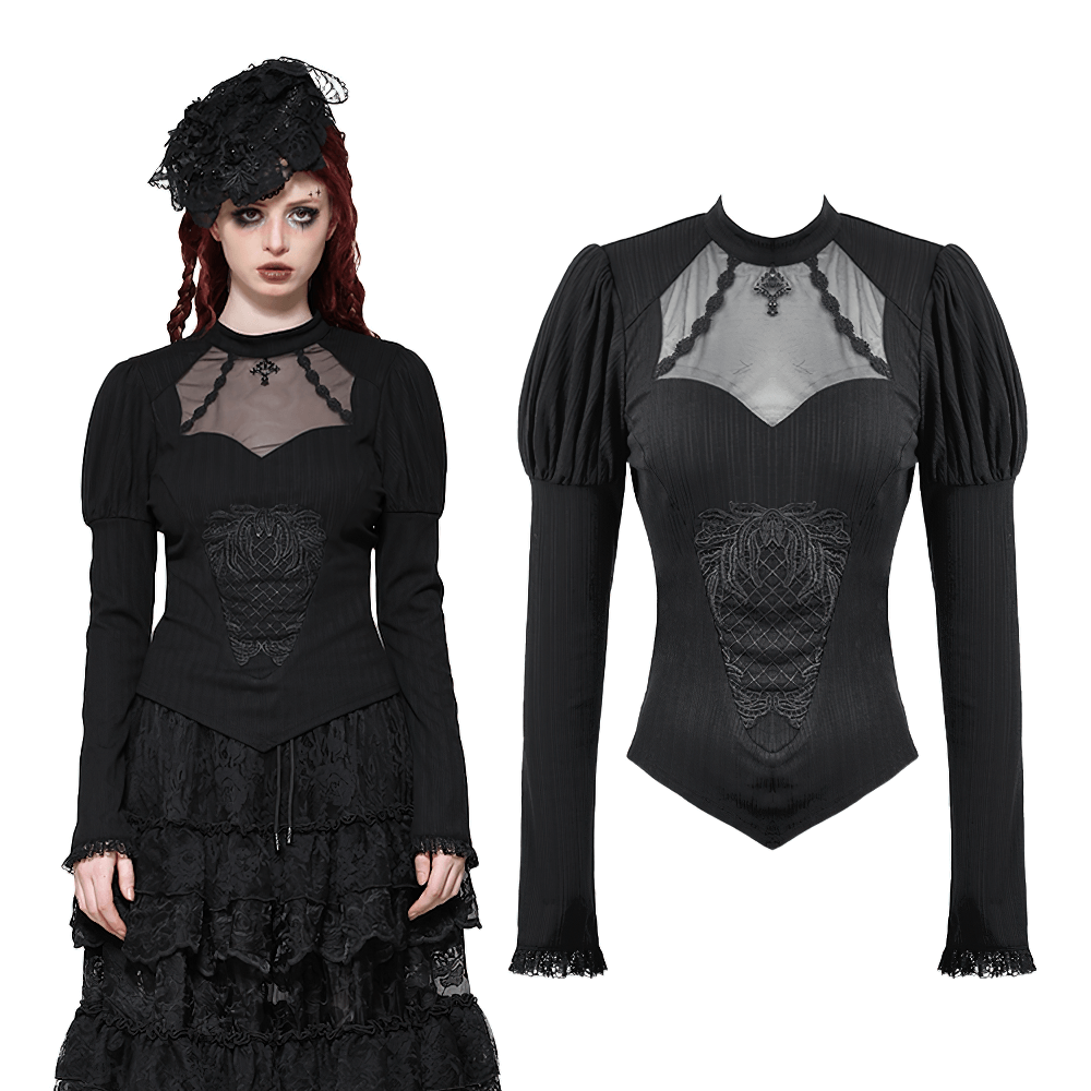 Elegant gothic lace top with Victorian-inspired design, featuring puffed sleeves and intricate lace accents. Ideal for dark elegance.