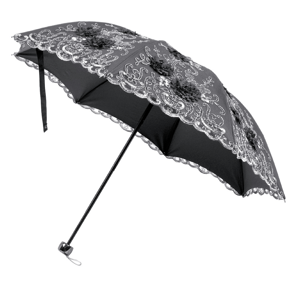 Elegant Gothic Lace Umbrella with Black Floral Embroidery showcasing intricate lace and floral design.
