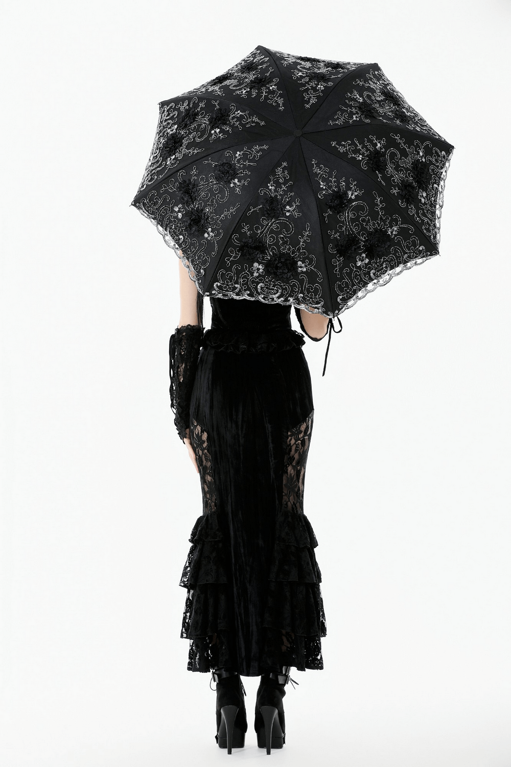 Elegant Gothic Lace Umbrella with Black Floral Embroidery held by a model in a black lace dress.