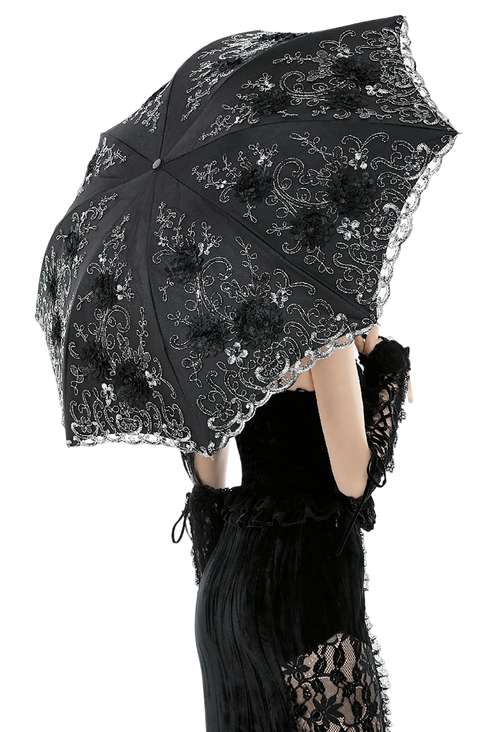 Elegant Gothic Lace Umbrella with Black Floral Embroidery held by a person in gothic attire, showcasing intricate lace and embroidery.