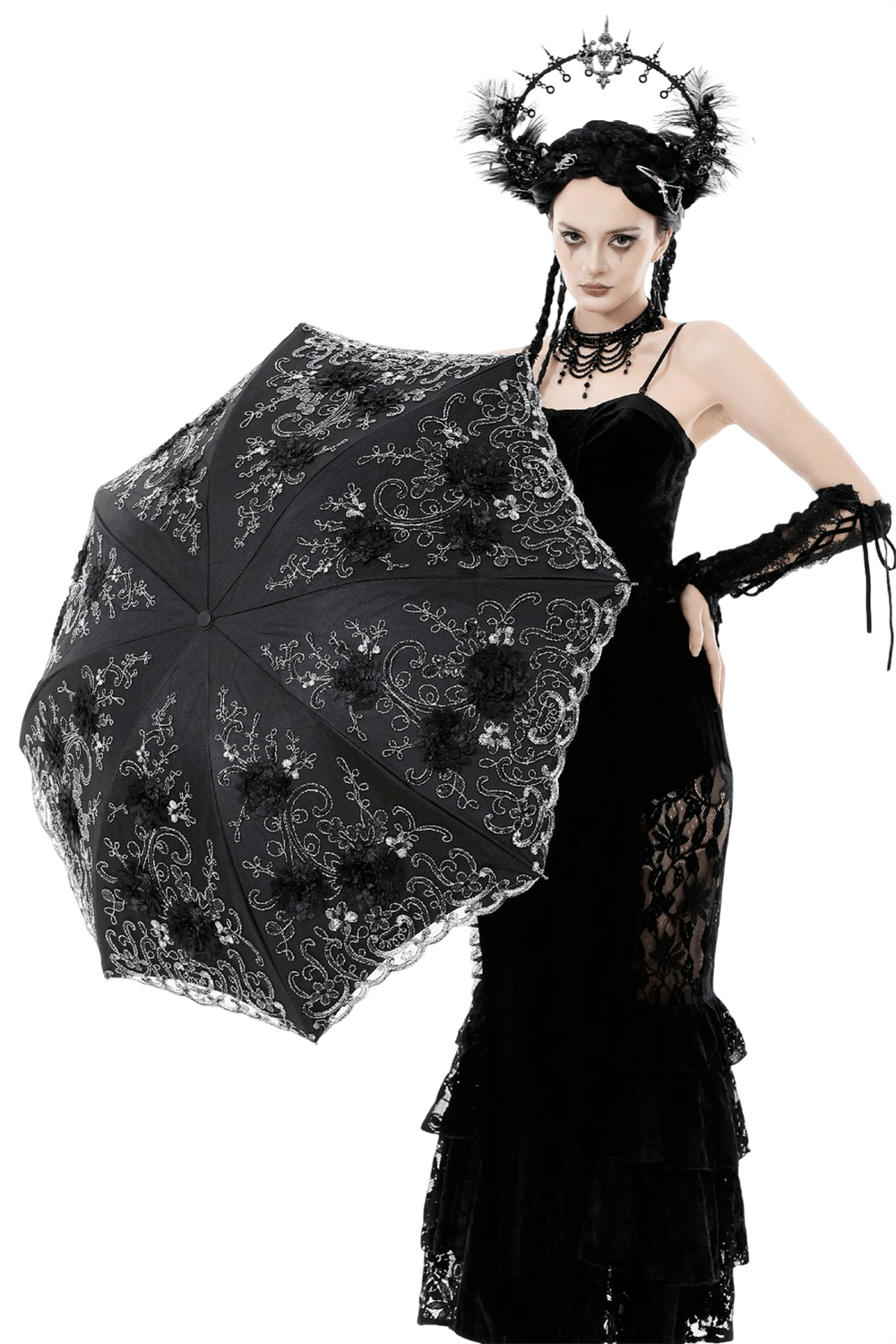 Elegant Gothic Lace Umbrella with Black Floral Embroidery held by a model in a dramatic black dress.