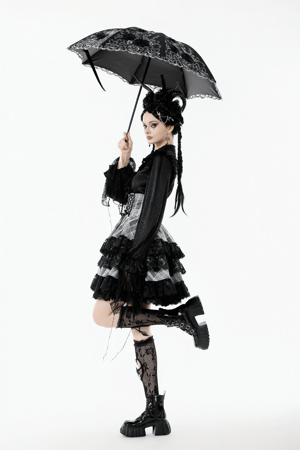 Elegant Gothic Lace Umbrella with Black Floral Embroidery held by a model in a dramatic black outfit.