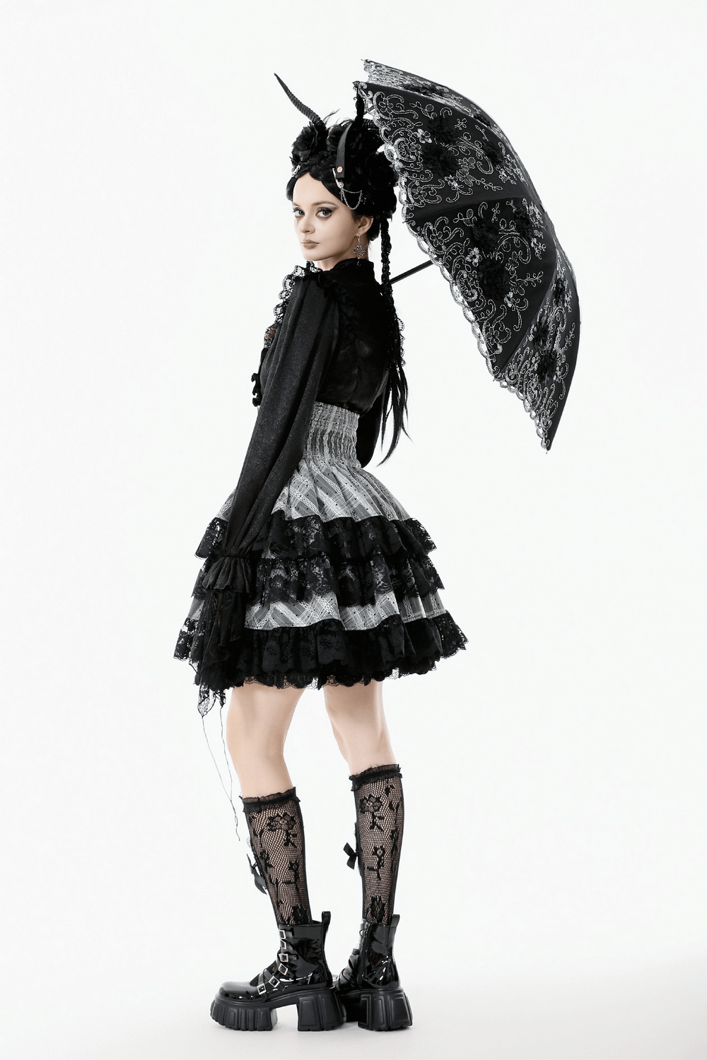 Elegant Gothic Lace Umbrella with Black Floral Embroidery held by a model in a dramatic gothic outfit.