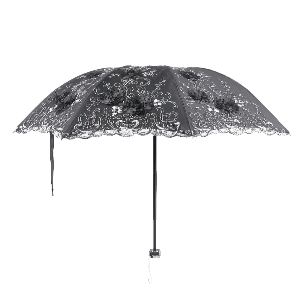 Elegant Gothic Lace Umbrella with Black Floral Embroidery showcasing intricate lace and floral details.