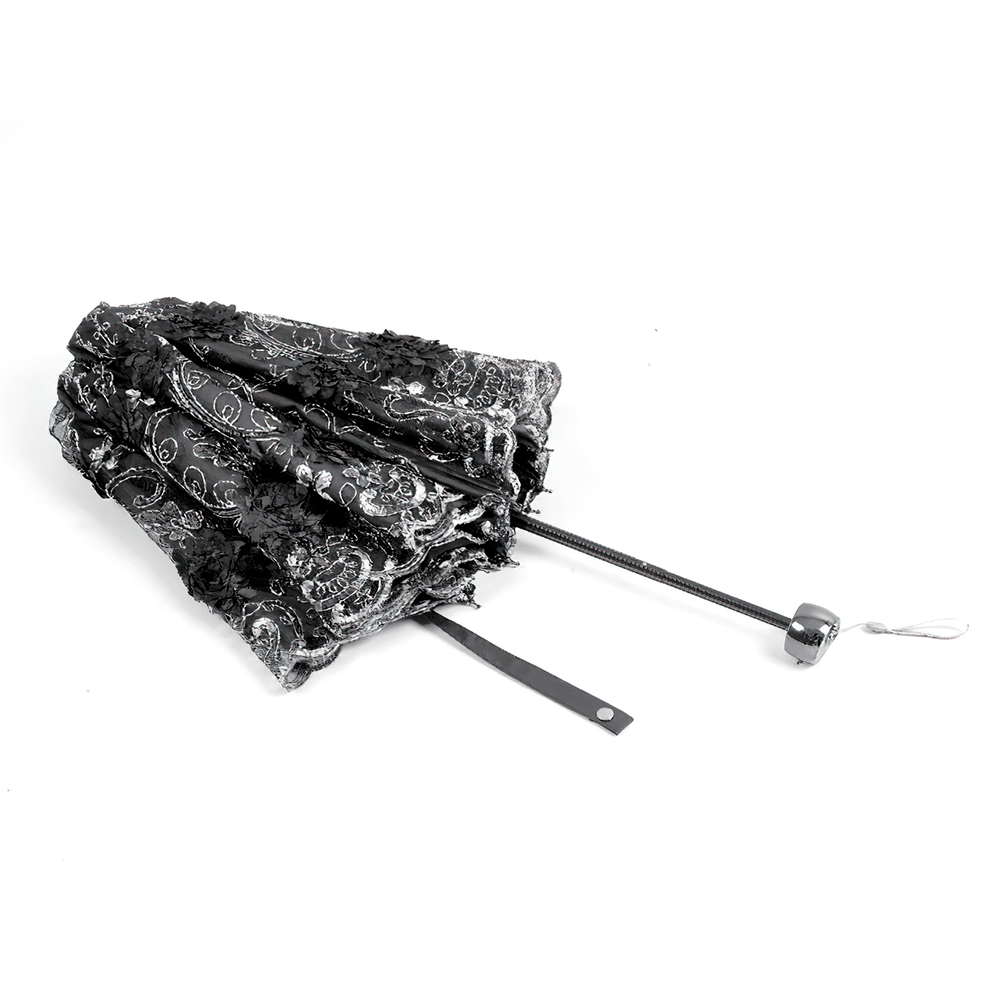 Elegant Gothic Lace Umbrella with Black Floral Embroidery, featuring intricate lace and floral detail in elegant black.