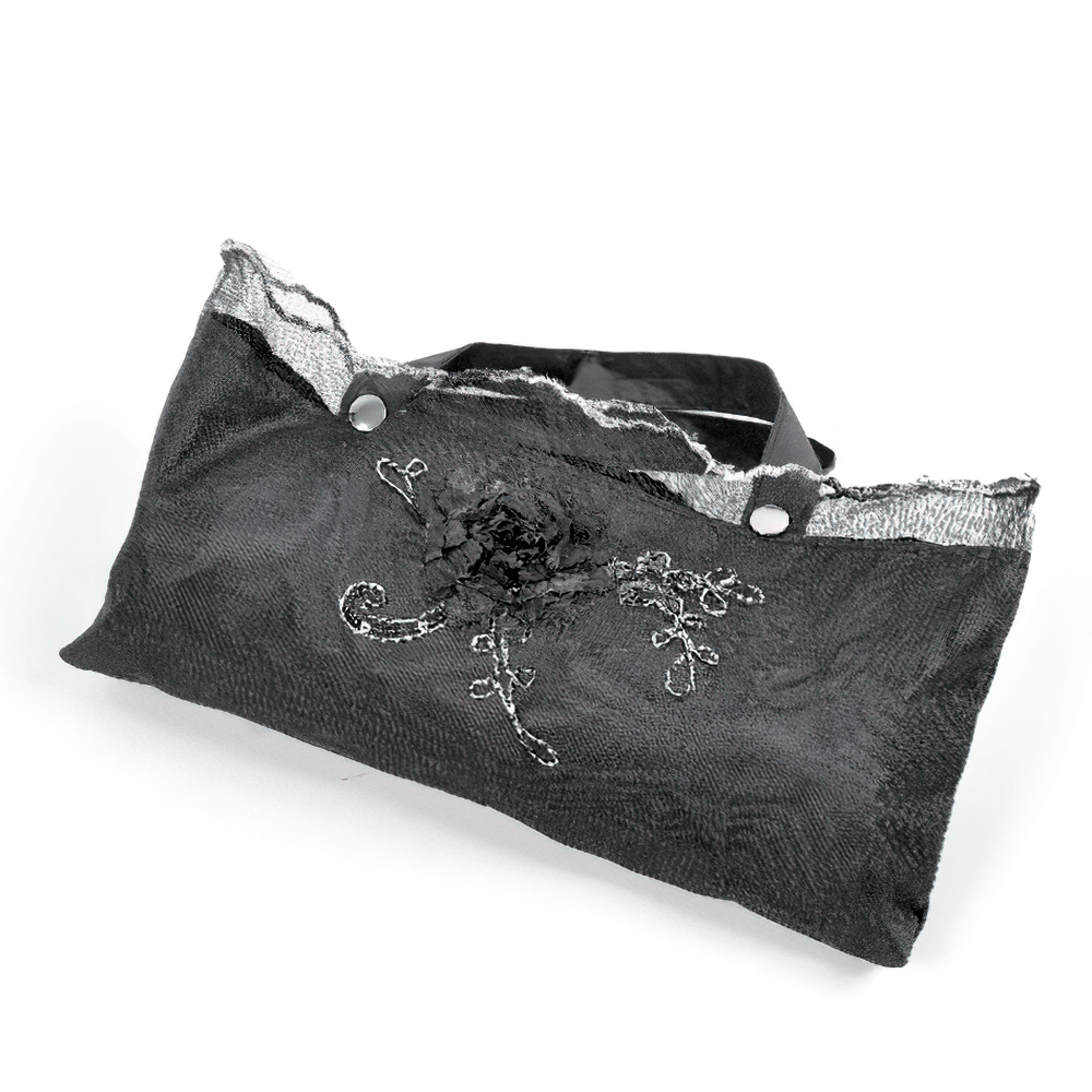 Elegant Gothic Lace Umbrella with Black Floral Embroidery displayed on a dark surface with intricate lace details.