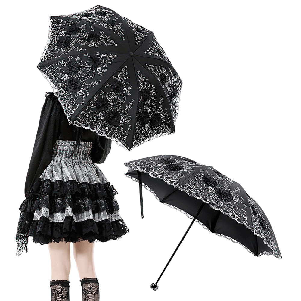 Elegant Gothic Lace Umbrella with Black Floral Embroidery, showcasing intricate lace and floral design.