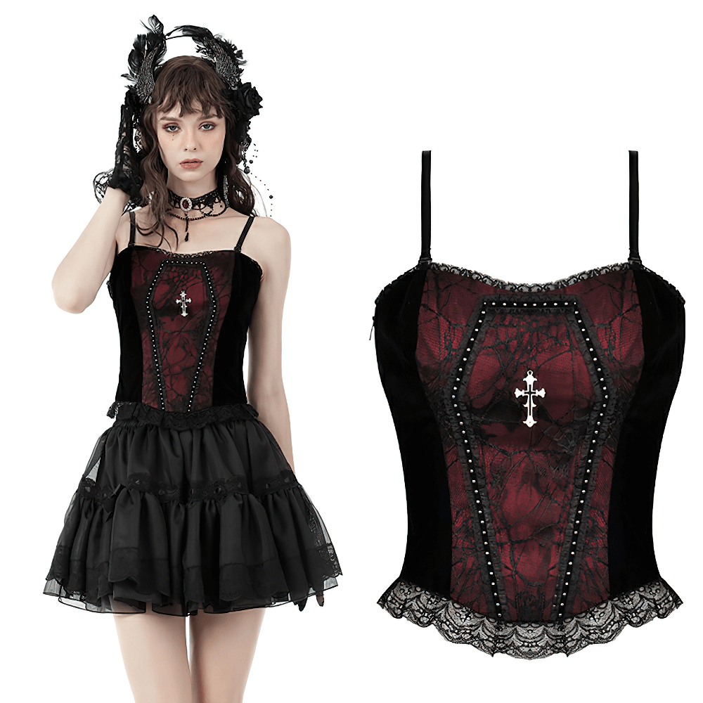Elegant Gothic lace-up corset in black and wine red with cross detail, perfect for dark aesthetic lovers.