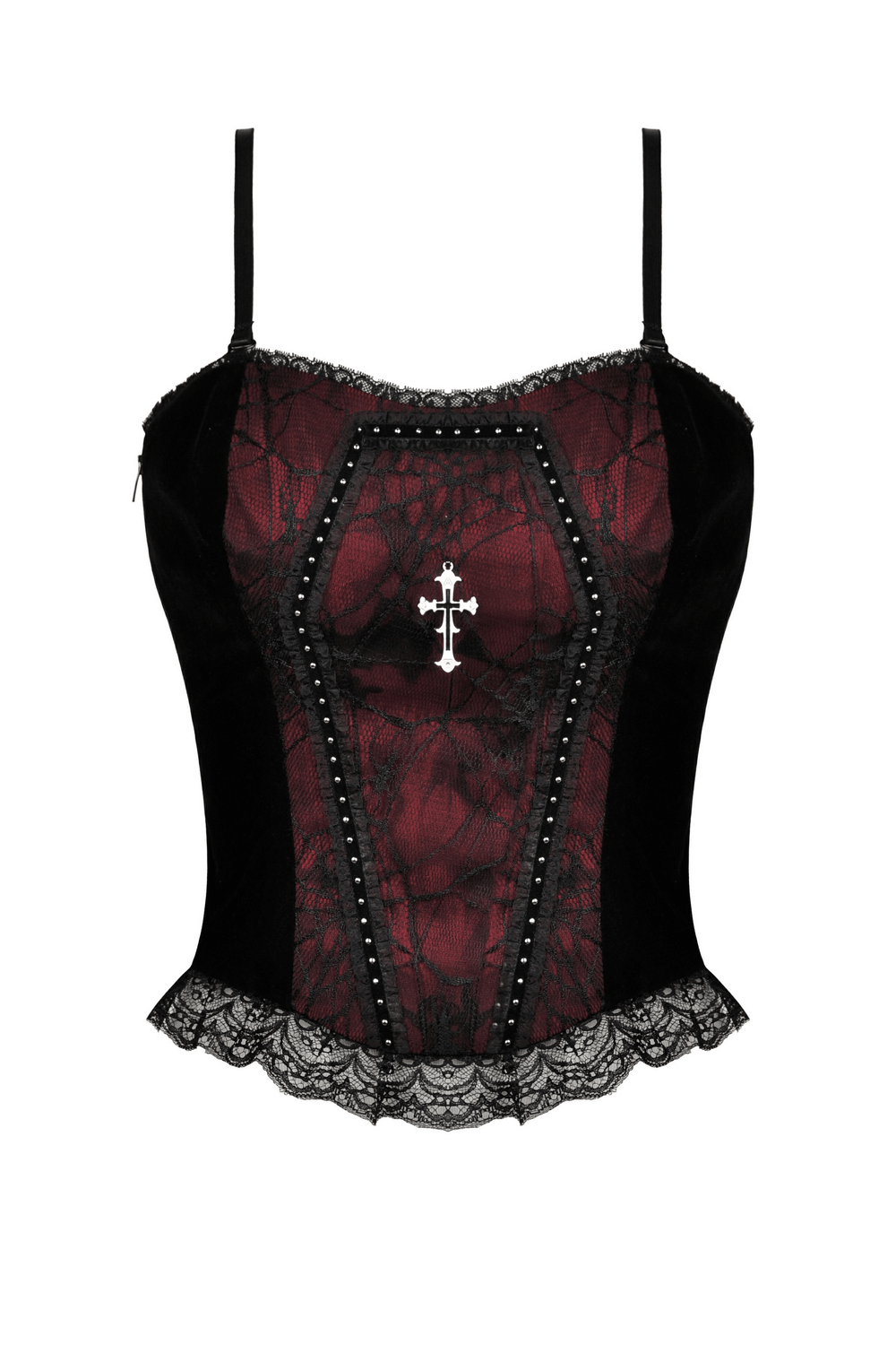 Elegant black and wine red lace corset top with cross detail, perfect for gothic fashion lovers.