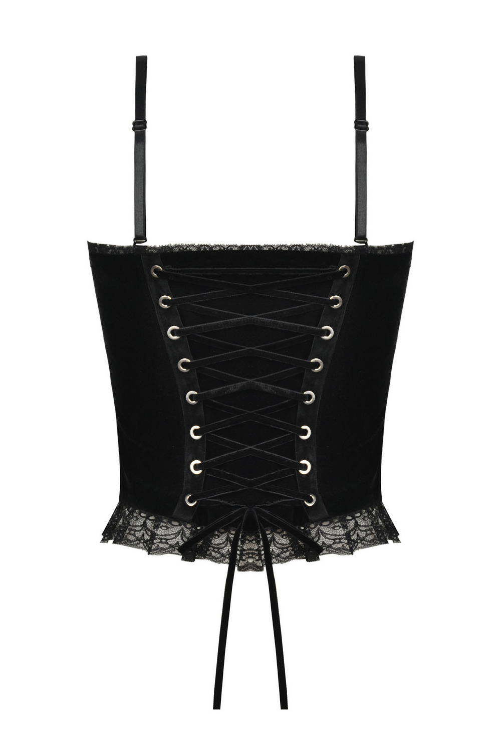 Elegant black lace corset top with lace-up design and cross detail for gothic style enthusiasts.