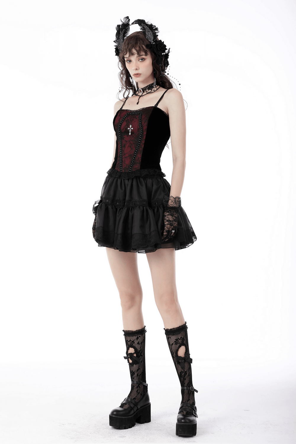Elegant black and wine red gothic lace corset top paired with a black ruffled skirt and stylish knee-high boots.