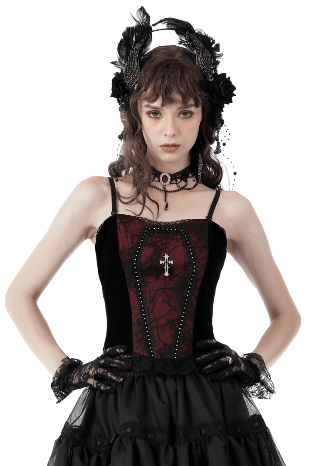 Elegant black and wine red lace corset top with cross detail, perfect for gothic fashion lovers.