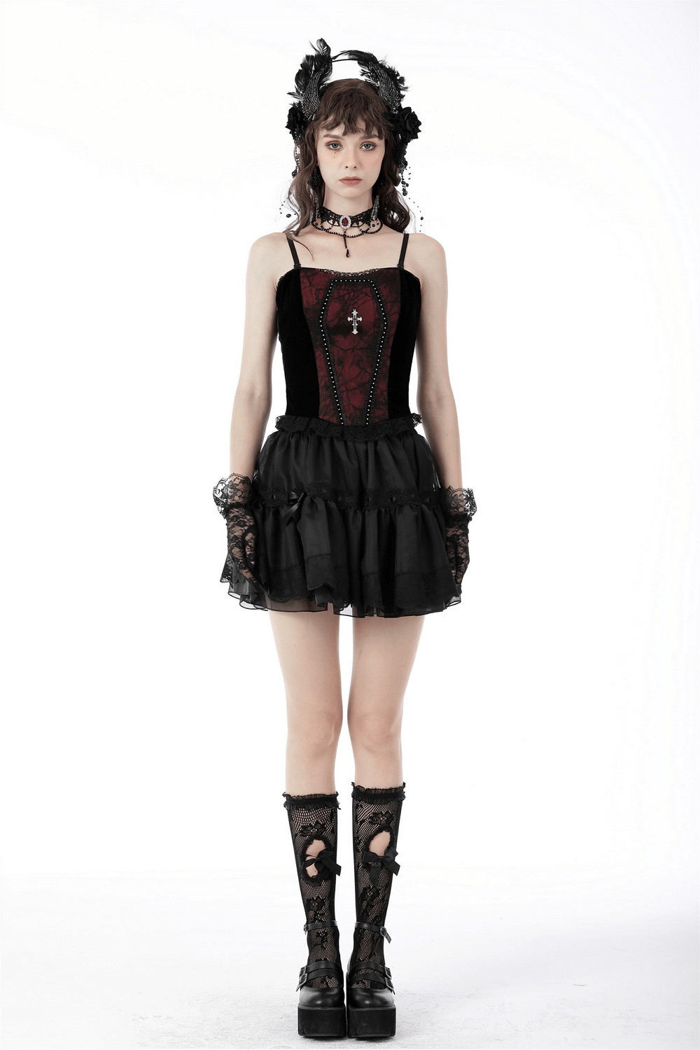 Elegant black and wine red lace corset top with skirt and gothic accessories, perfect for dark aesthetics.