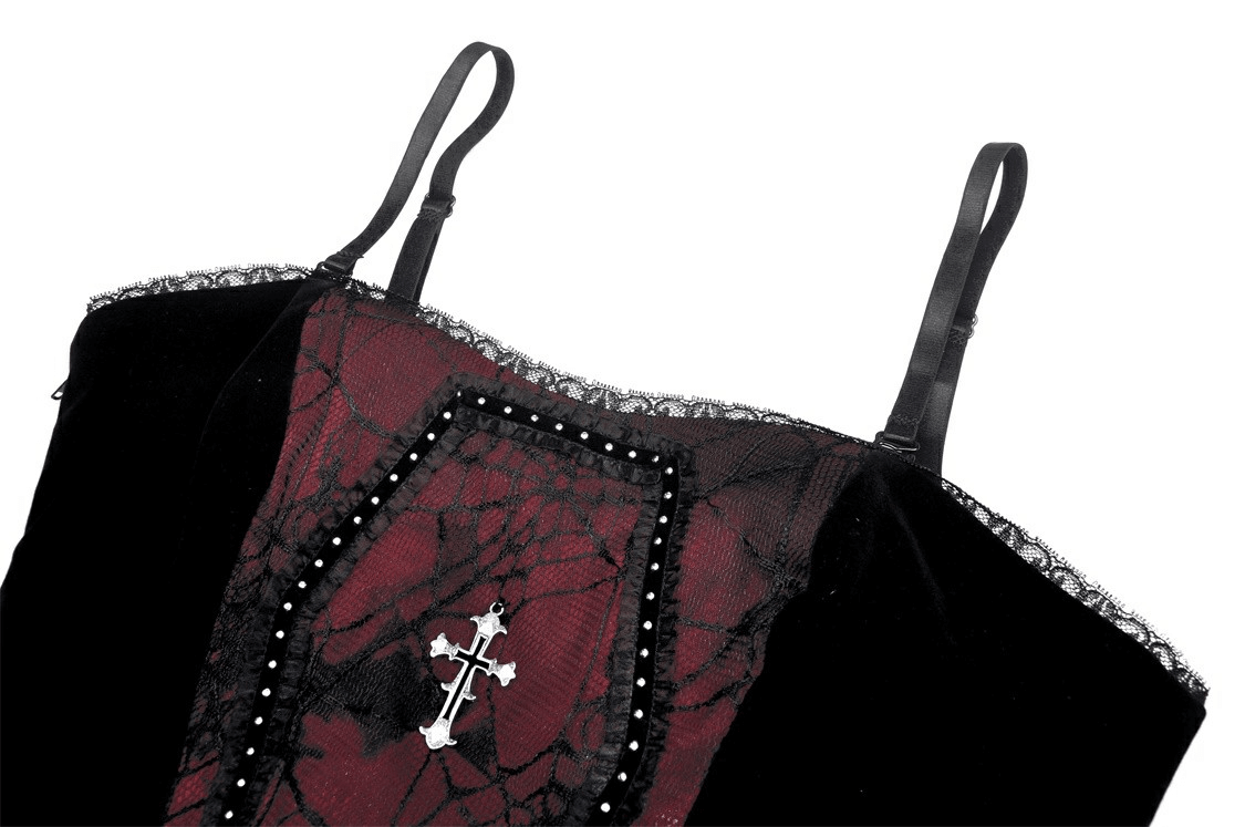 Elegant black and wine red lace corset top with cross detail and lace trim.